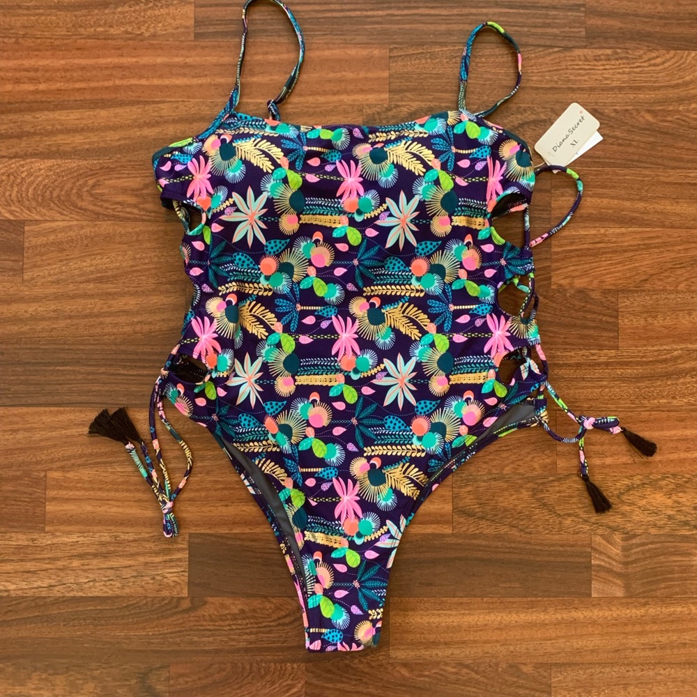 Diana Secret NEW XL One Piece Swimsuit Blue Pink Gold Tassel Lace-Up Sides Beach